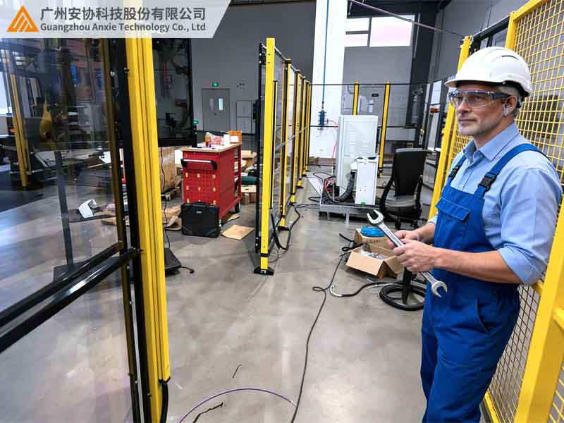 车间安全护栏上的安全光栅编织无形防护网